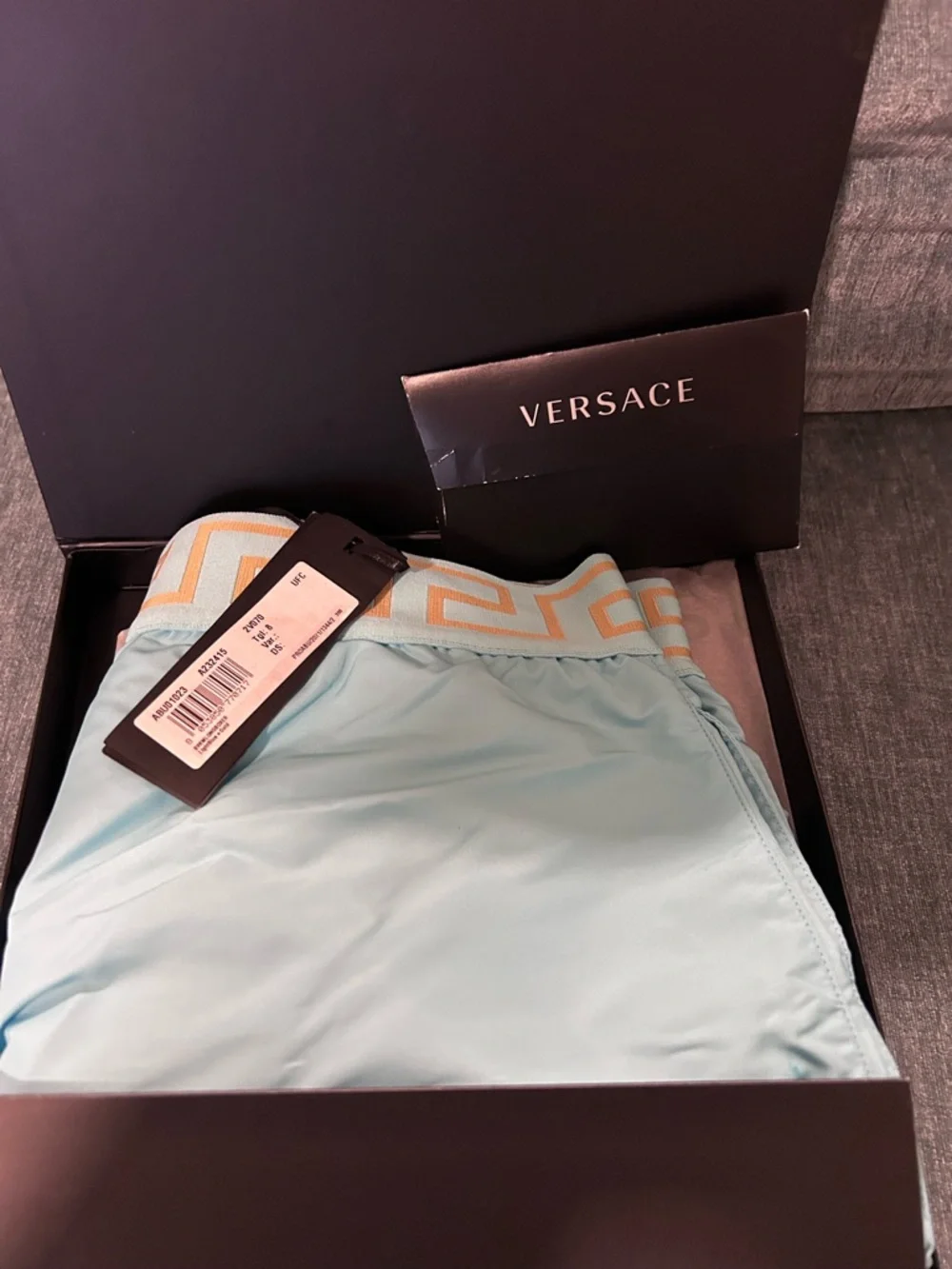 Versace Turquoise Swim Trunks with Gold Waistband - Picture 7 of 9